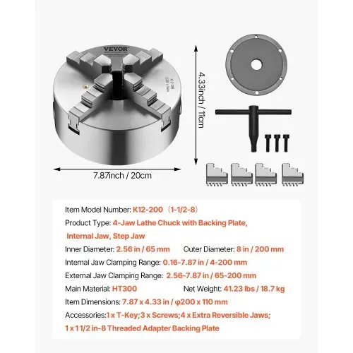 VEVOR 4-Backen-Drehfutter, φ200 mm, selbstzentrierendes Spannfutter mit 38,1-mm-8-Gewindeträgerplatte, 4-200 mm Spannbereich mit T-Schlüsselschrauben, HT300-Material, für Holz-Metall-Drehmaschinen – Bild 6
