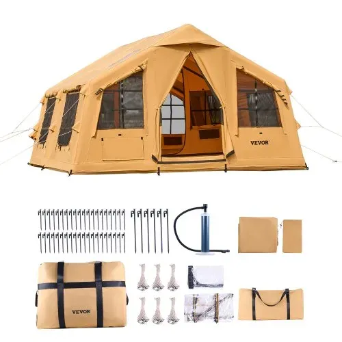 VEVOR Aufblasbares Zelt für Camping 8-12 Personen mit Handpumpe, 4,8x3,6x2,2 m Glamping-Zelt mit 2 Oberlichtern, Baldachin, Ofenanschluss, 2 Türen & Netzfenstern, Aufbewahrungstasche – Bild 8