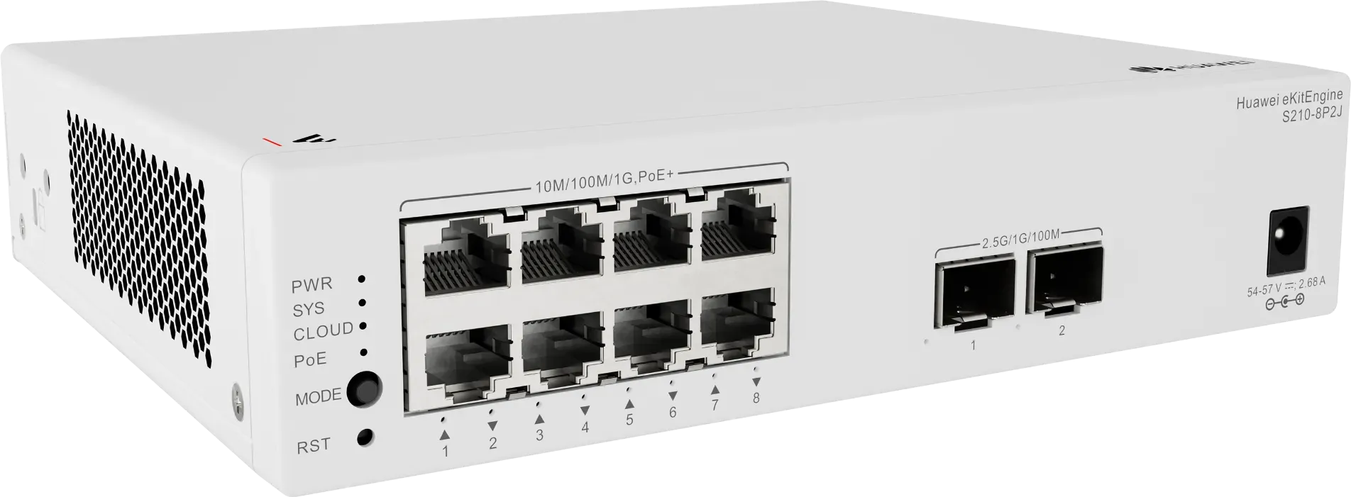 Huawei Switch full managed L2 10 Port • 8x GbE • PoE Budget 128W • 8x PoE at • 2x 2,5GbE SFP • S210-8P2J • eKit Huawei Switch full managed L2 10 Port • 8x GbE • PoE Budget 128W • 8x PoE at • 2x 2,5GbE SFP • S210-8P2J • eKit