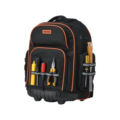 VEVOR Werkzeugrucksack mit Rollen, 50 kg Tragkraft, 45 Taschen, Werkzeugtasche, verstellbarer Teleskopgriff und stabile Basis, Arbeitsrucksack-Organizer für Bau und Mechanik, 440x250x480 mm – Bild 9