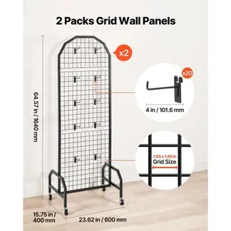 VEVOR Gitterwandpaneele Gitterwand 60 x 164 cm 2 Stk. rollbarer Präsentationsständer mit 20 Haken, Präsentationsregale aus Karbonstahl, Kunstausstellungsregal für Dekoration Lagerung, schwarz VEVOR Gitterwandpaneele Gitterwand 60 x 164 cm 2 Stk. rollbarer Präsentationsständer mit 20 Haken, Präsentationsregale aus Karbonstahl, Kunstausstellungsregal für Dekoration Lagerung, schwarz