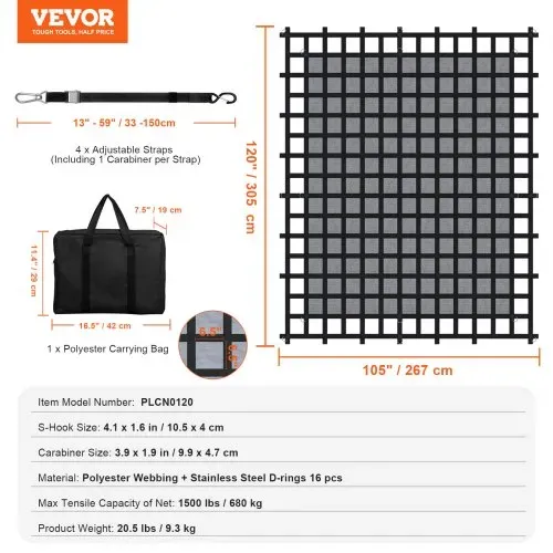VEVOR Frachtnetz, 3020 x 2670 mm, LKW-Ladeflächennetz, 4 verstellbare Gurte mit Karabinern & S-Haken, Transportnetz verschleißfest & wetterfest, Gepäcknetz geeignet für Pickup, LKW, Jeep, SUV, Boot – Bild 6
