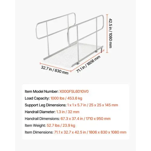 VEVOR Rollstuhlrampe mit Handläufen, 1806x830x1080 mm Schwellenrampe mit Max. 453,6 kg Tragkraft, Rutschfeste Auffahrschiene aus Alu, Tragbare Auffahrrampe für Scooter Türschwelle Bordsteine Treppen – Bild 6