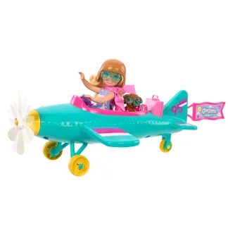 Barbie Chelsea -Spielset aus Puppe und Flugzeug, Zweisitzerflugzeug mit Drehpropeller und 7 Zubehörteilen Barbie Chelsea -Spielset aus Puppe und Flugzeug, Zweisitzerflugzeug mit Drehpropeller und 7 Zubehörteilen