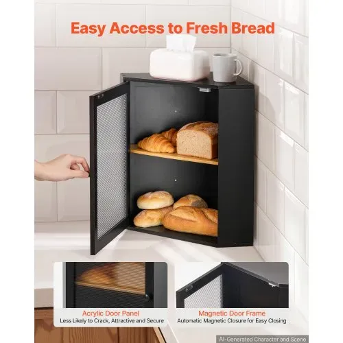 VEVOR Eck-Brotkasten Acrylfenster Brotbox 321x321x427 mm Bambusholz Schwarz Ideal für Bagels, Muffins & Selbstgebackenes Brot, Magnetverschluss & 3-Stufig Höhenverstellbarer Einlegeboden, Belüftet – Bild 2