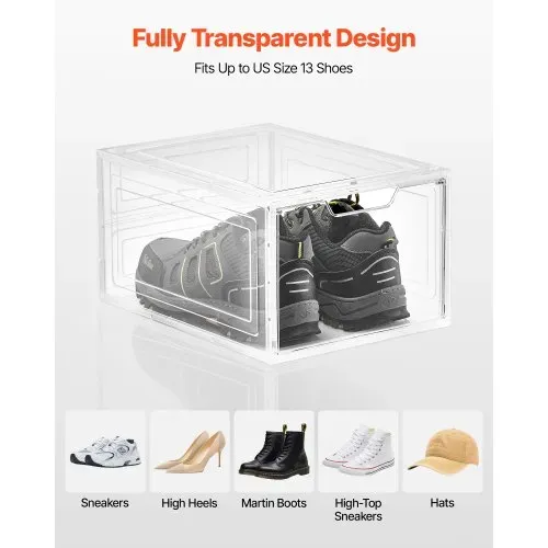 VEVOR Schuhaufbewahrungsboxen stapelbare Schuhboxen (6 Stk.) passend bis US-Größe 13, Schuh-Organizer aus PP/PET mit magnetischer Tür zur Aufbewahrung von High Heels & Stiefeln & Hüten, klar Weiß – Bild 5