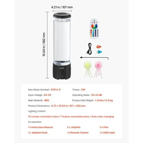 VEVOR Lavalampe 382 mm schwimmende Quallen-Blasenlichtlampe, 16 Farbwechsel-Lichteffekte, Bluetooth-Lautsprecher, Stimmungslampe, Aquarium Nachtlicht für Schlafzimmer, Wohnzimmer, Heimdekoration – Bild 6