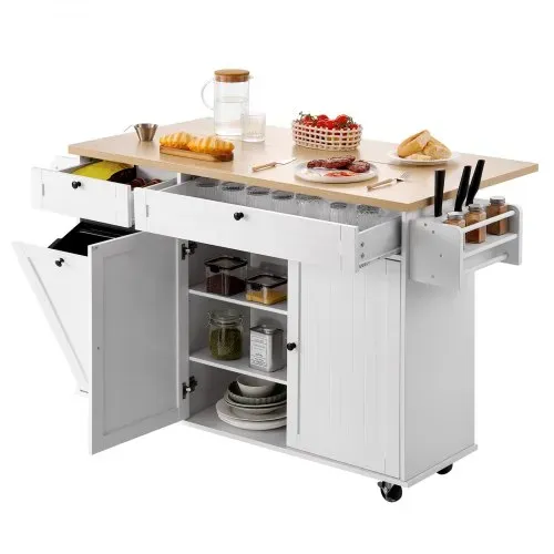 VEVOR Kücheninselwagen 153 cm breiter mobiler Küchenwagen mit Rädern & Klappplatte & 2 Schubladen & Mülleimerschrank & Messerhalter & Gewürzregal & Handtuchhalter, Tisch für Esszimmer, Speisekammer – Bild 8