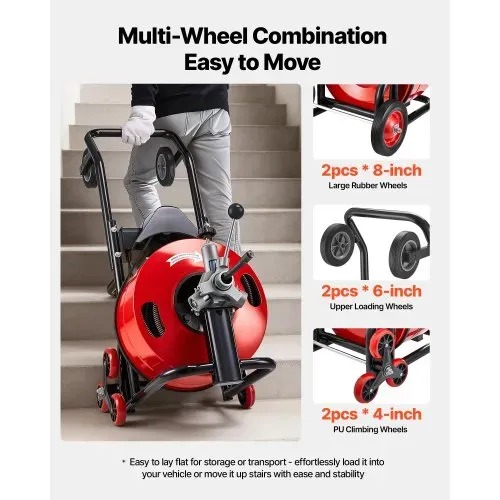 VEVOR Rohrreinigungsmaschine φ19 mm x 30 m, Reinigungsspirale mit Automatischer Zufuhr, Mehrradkombination, 6 Schneidwerkzeugen & Pneumatischem Fußschalter für Rohrdurchmesser von 100 bis 200 mm – Bild 4