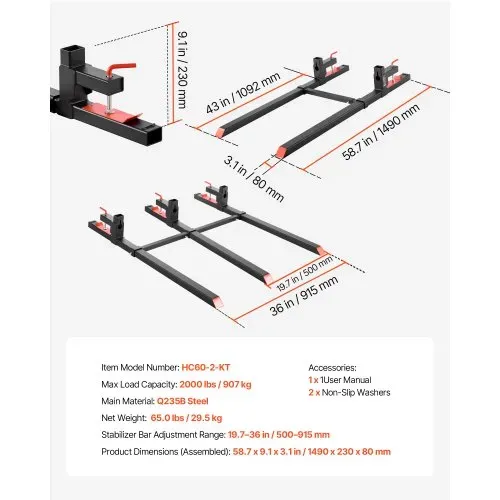 VEVOR Palettengabeln, 907 kg Gabelträger zum Anklemmen, 1490 mm Gesamtlänge, Gabelzinken mit verstellbarer Stabilisatorstange für Traktoranbaugeräte, Ladeschaufel und Kompaktlader, Schwarz – Bild 6