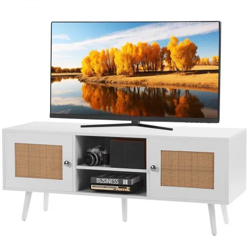 VEVOR Rattan-TV-Ständer, Fernsehschrank Boho-TV-Schrank für 140 cm Fernseher, Retro-TV-Ständer, Rattan-TV-Konsole mit verstellbaren Regalen & 2 Türen, für Wohnzimmer, Medienraum, Weiß VEVOR Rattan-TV-Ständer, Fernsehschrank Boho-TV-Schrank für 140 cm Fernseher, Retro-TV-Ständer, Rattan-TV-Konsole mit verstellbaren Regalen & 2 Türen, für Wohnzimmer, Medienraum, Weiß