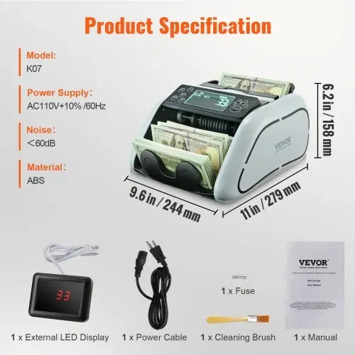 VEVOR Geldzählmaschine, Banknotenzähler mit UV-, MG-, IR- und DD-Falschgelderkennung, USD- und EUR-Geldzählmaschine mit Großem LCD & Externem Display für Kleine Unternehmen – Bild 6