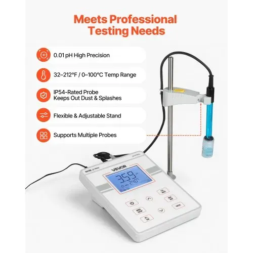 VEVOR Tisch-pH-Meter, Messbereich pH 0–14, Labortester-Set mit Hintergrundbeleuchtung, Kalibrierlösungen, Netzteil, Speicher für bis zu 50 Messwerte, für Temperatur- & Wasserqualitätsmessungen – Bild 3