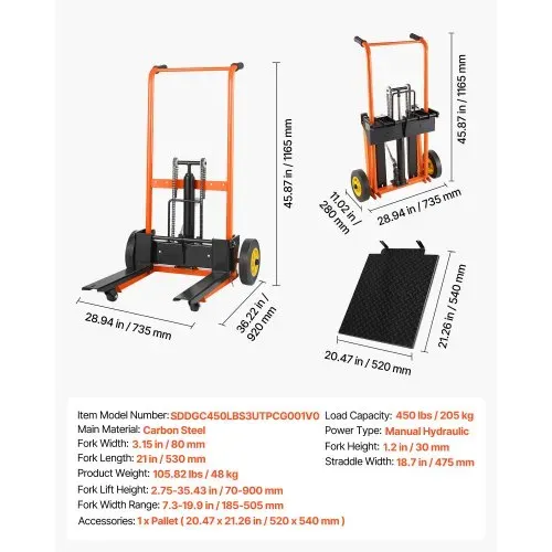 VEVOR Hochhubwagen Manuell 205 kg, Plattformhochhubwagen mit Gabelstaplertisch, Max. Hubhöhe 90 cm, Material Hebewinde Stapler, Plattformstapler, Handstapler, Palettenwagen, Orange & Schwarz – Bild 6