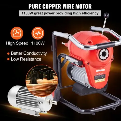 VEVOR Rohrreinigungsmaschine 120 Fuß x 6/5 Zoll, 1100 W elektrische Rohrreinigungsmaschine mit manueller Zufuhr – mit 6 Schneidern und CW/CCW-Steuerung für 4" bis 8" Rohre – Bild 4