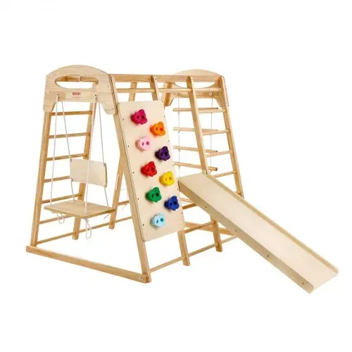 VEVOR Indoor Klettergerüst 7 in 1 Spielplatz für Kleinkinder, 120 x 109 x 121 cm, mit Holz- und Strickleiter Netzleiter Schaukel Klettergerüst Rutsche Kletterwand, Holz-Kletterspielzeug für Kinder – Bild 9
