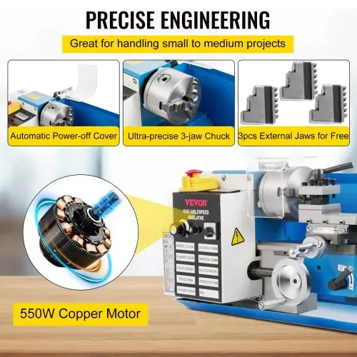 VEVOR Mini Drehmaschine 550 W, Metall Mini Drehmaschine Max. 2500 U / Min, Metallbank Drehmaschine, Metall Mini Drehmaschine, Tischdrehmaschine, Gewinde 12-52 TPI, Mini Drehbank metall, Zubehör Inkl. – Bild 2