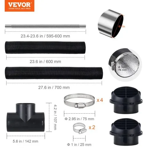 VEVOR Diesel-Heizungsrohr-Kanalset, 7,6 cm ausziehbarer Luftkanalschlauch, 2,5 cm Edelstahl-Auspuffrohr, 2 Entlüftungsöffnungen, T-Stück-Luftauslassanschluss und Schlauchschellen – Bild 6