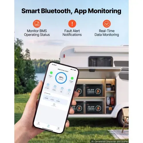 VEVOR LiFePO4 Batterie 24 V 100 Ah 100 A Lithiumbatterie mit Bluetooth BMS, Geeignet für Wohnmobile Campingwagen Solarenergiespeicher und Elektromotoren, 20-29,2 V DC, Niedertemperaturschutz, 2560 Wh – Bild 4