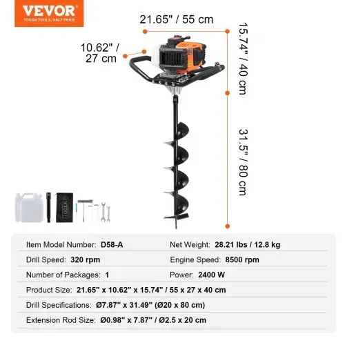 VEVOR Erdbohrer mit Benzinmotor, 63 CC, 2400 W, Benzinbohrer mit 8-Zoll-Bohrkronen und 1 Verlängerungsstange, Lochbohrer für Pfostenzäune für Ackerland, Gartenpflanzen, Orange+Schwarz – Bild 6