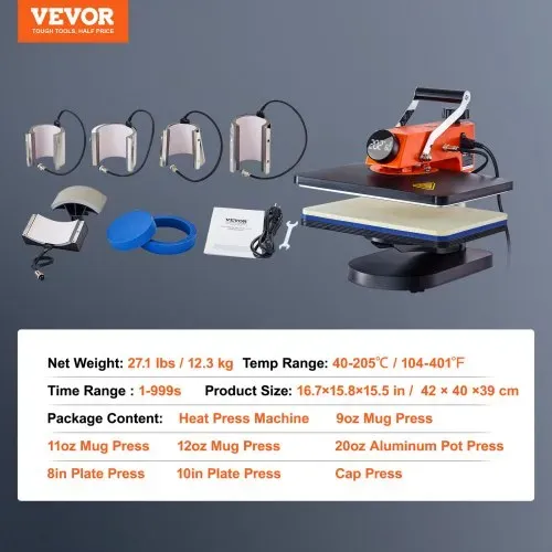 VEVOR Hitzepresse - 8-in-1-Hitzepresse-Sublimationsmaschine für selbstgemachte T-Shirts/Hüte/Becher/Wärmeübertragungsprojekte, 12 x 15 Multifunktions-Hitzepresse zum Wegschwenken mit 360°-Drehung – Bild 6
