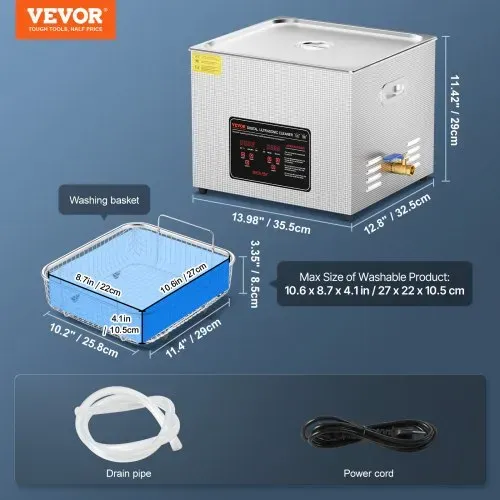 VEVOR Ultraschallreiniger 15 L professionelle 360 W Reinigungsmaschine mit Timer & Heizung, digitaler 40 kHz Ultraschallreiniger mit Korb für Uhrgläser Schmuckhalter Industrieteile Werkzeuge Silber – Bild 6