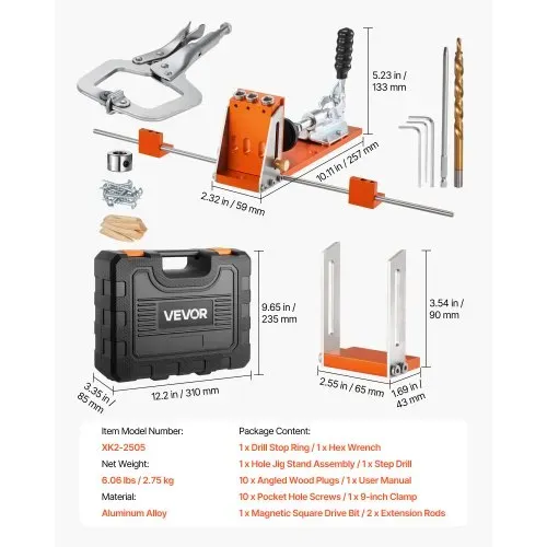 VEVOR Pocket Hole Jig Kit Taschenloch-Vorrichtungssatz 12,7-38,1 mm, Vorrichtungs-Taschenlochsystem mit Werkzeugkoffer C-Klemme Stufenbohrer Sechskantschlüssel Bohrstoppring Vierkant-Antriebsbit – Bild 6