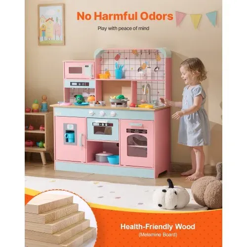 VEVOR Spielküche für Kinder, Holzspielzeug-Küchenset mit Lichtern und Geräuschen, Kleinkinderküche mit Eismaschine, Ofen, Spüle, Mikrowelle, Kühlschrank und Utensilien- und Obstzubehör für Kleinkinder im Alter von 3–8 Jahren, Rosa – Bild 5