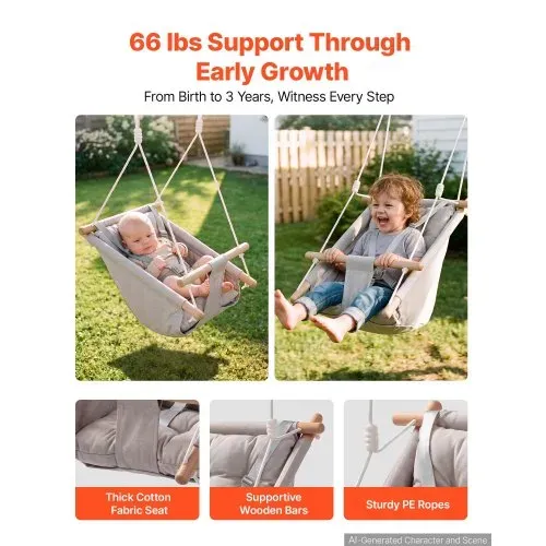 VEVOR 3-in-1 Babyschaukel Kinderschaukel 30kg Hängeschaukel aus Canvas Grau, für Indoor & Outdoor Geeignet, 5-Punkt-Gurt & Baumgurte, Hängesitz aus Holz mit Integriertem Kissen für Kleinkinder bis 3 Jahre – Bild 3