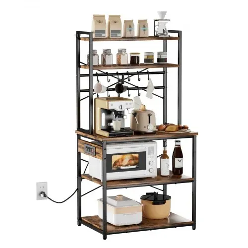 VEVOR Küchenregal Bäckerregal (800 x 400 x 1618 mm) mit X-förmiger Stützstange & 12 S-förmigen Haken & Integrierter Steckdosenleiste, Mikrowellenregal für Geschirr Gewürzflaschen Metallregal – Bild 8