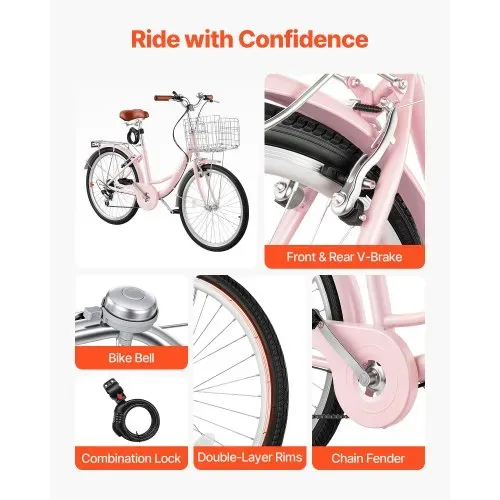 VEVOR Damenfahrrad 24 Zoll Cruiser-Fahrrad 150 kg 7-Gang Citybike Pink, für Pendelfahrten Besorgungen und Strandfahrten, mit Doppelten V-Bremsen, 50 kg Gepäckträger, Schutzblechen und Handschuhen – Bild 6