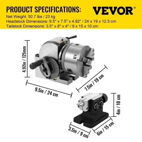 VEVOR Teilapparat mit backenfutter MT2, Rotary Tisch mit Indizierung Höhe der Mitte 100 mm, Dividing Head 23 kg, Rotary Tisch mit Tellern, Eine Starke Unterstützung zu Bearbeitenden Werkstück – Bild 6