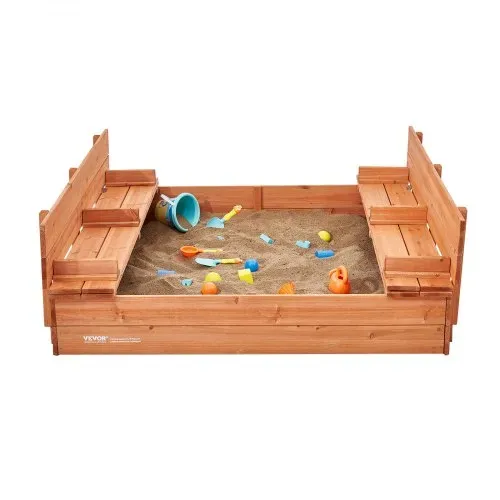 VEVOR Sandkasten aus Holz, 132 x 120 x 43 cm, Sandkasten mit klappbaren Sitzbänken und Bodeneinlage, Sandkasten aus Naturholz für Kinder für den Garten, Strand, Park, Geschenk für Jungen und Mädchen im Alter von 3–12 Jahren – Bild 9