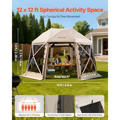 VEVOR Pop-up-Pavillon 3,6 x 3,6 m, 13-seitiges, kugelförmiges Campingzelt mit abnehmbarem Dach & Tragetasche, 360°-Belüftung Sonnenschutz, Partyzelt für 8–10 Personen, Beige VEVOR Pop-up-Pavillon 3,6 x 3,6 m, 13-seitiges, kugelförmiges Campingzelt mit abnehmbarem Dach & Tragetasche, 360°-Belüftung Sonnenschutz, Partyzelt für 8–10 Personen, Beige