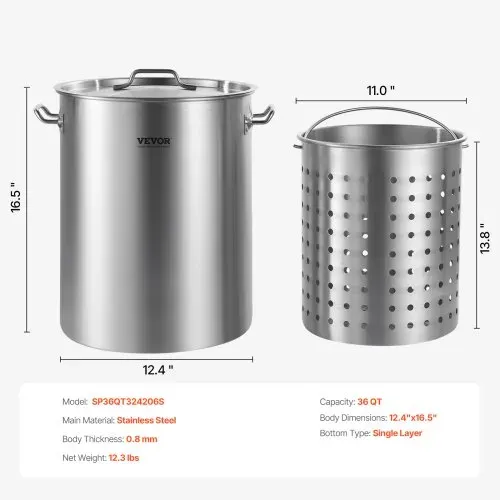 VEVOR Suppentopf Edelstahl 34 L Kochtöpfe Großraumtopf, Kochgeschirr-Saucentopf mit Korb & Deckel & Griff, Suppentopf in Handelsqualität, Schleifbehandlung, zum Dämpfen, Kochen oder Braten, Silber – Bild 6