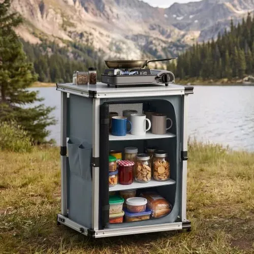 VEVOR Klappbare Campingküche, Tragbarer Campingschrank mit 3 Ablagefächern, Außentasche & MDF-Tischplatte bis 30 kg Tragkraft, Küchenstation für Picknick, Grillen, Partys, Camping & Wohnmobilreisen – Bild 7