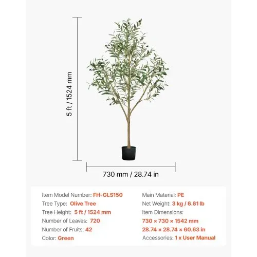 VEVOR Künstlicher Olivenbaum, 1,5 m, mit schwarzem Topf, Kunstbaum mit natürlichem Holzstamm & realistischen grünen Blättern & Früchten, Kunstpflanze für Innenbereich, Zuhause, Büro, Wohnzimmer – Bild 6