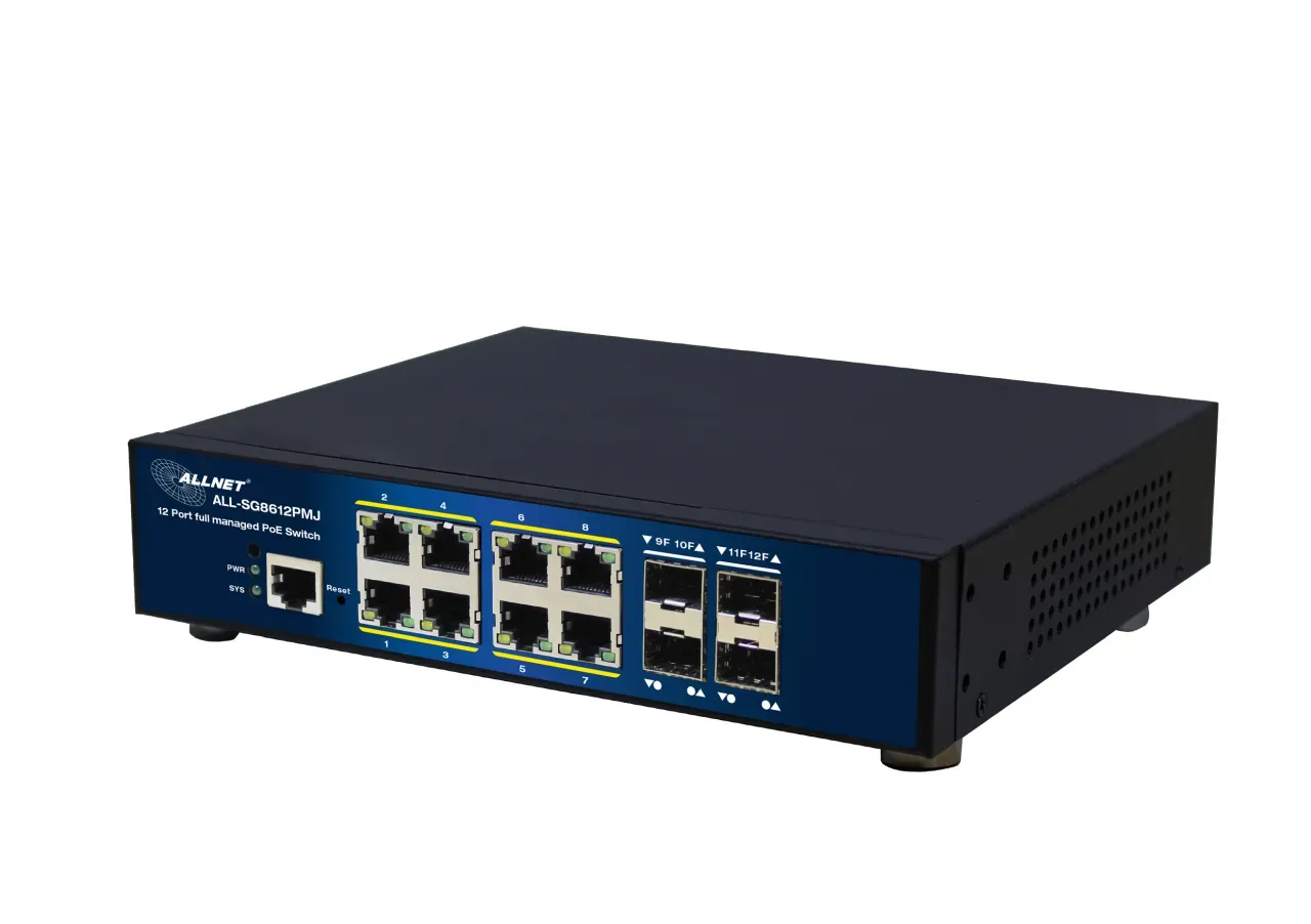 ALLNET Switch full managed Layer2+ 12 Port • 8x GbE • PoE Budget 300W • 8x PoE at • 4x SFP • 10″ & 19″ • Lüfterlos • JSON API • ALL-SG8612PMJ ALLNET Switch full managed Layer2+ 12 Port • 8x GbE • PoE Budget 300W • 8x PoE at • 4x SFP • 10″ & 19″ • Lüfterlos • JSON API • ALL-SG8612PMJ