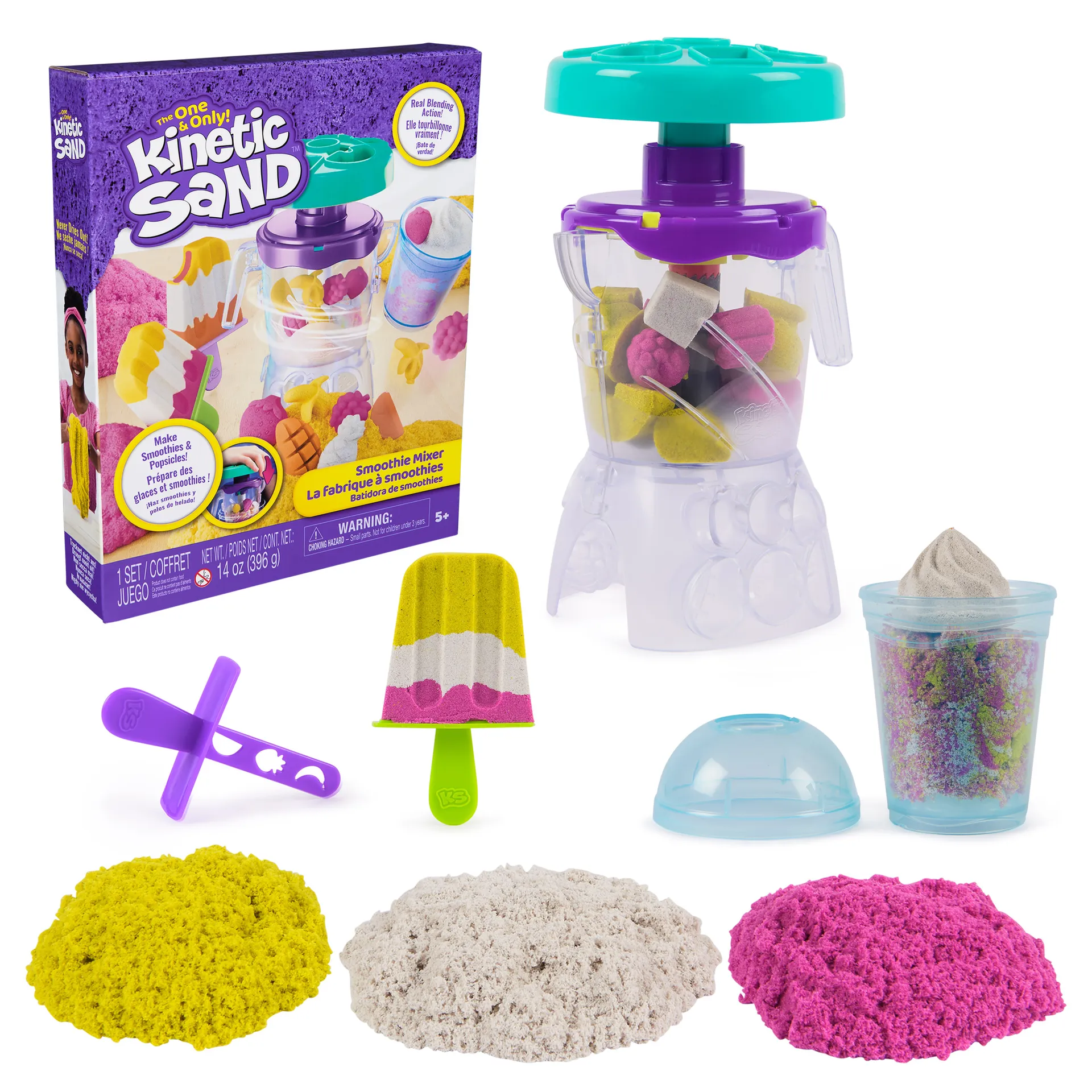 Kinetic Sand – Smoothie Mixer Spielset, mit 397 g Sand in 3 Farben, handbetriebenem Mixer, Werkzeugen, Eisförmchen und mehr, für kreatives Indoor-Sandspiel, für Kinder ab 5 Jahren Kinetic Sand – Smoothie Mixer Spielset, mit 397 g Sand in 3 Farben, handbetriebenem Mixer, Werkzeugen, Eisförmchen und mehr, für kreatives Indoor-Sandspiel, für Kinder ab 5 Jahren
