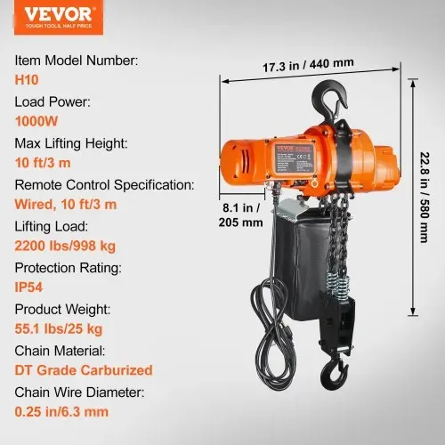VEVOR Elektrischer Kettenzug, 998 kg Tragkraft, 3 m Hubhöhe, Seilhebezug, einphasige elektrische Seilwinde mit G80-Kette, 3 m Kabelfernbedienung, Ideal für Garagen, Geschäfte, Hotels – Bild 6