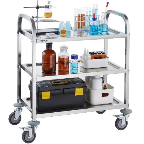VEVOR Laborwagen Gerätewagen Medizintechnik Servierwagen 201 Edelstahl Tragbar Abräumwagen 100 kg Tragfähigkeit, 740 x 396 x 860 mm Labor Rollwagen Medical Trolley Dreifach-Design Silber – Bild 10