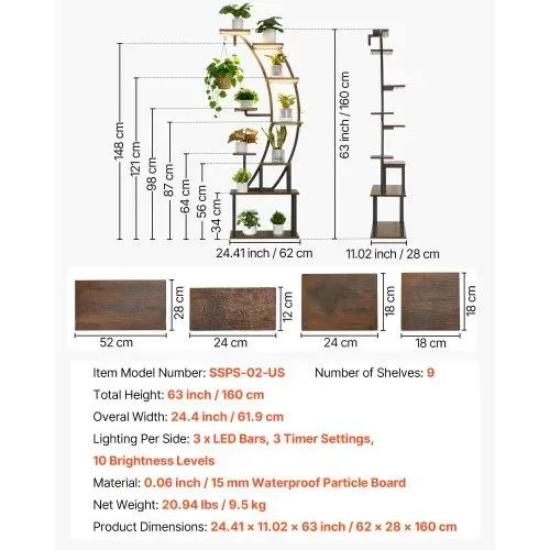 VEVOR Pflanzenständer mit Wachstumslicht, Blumentreppe mit 9 Ebenen, Blumenständer aus Metall, 3 Timer- & 10 Helligkeitsstufen, Blumenregal für die Dekoration von Wohnzimmer & Balkon, 62x28x160 cm – Bild 6