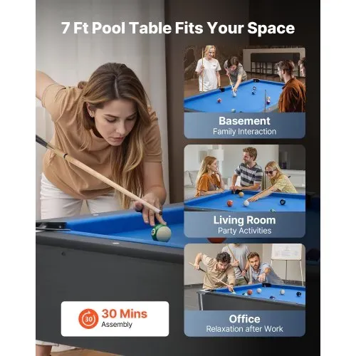 VEVOR Billardtisch 213 cm moderner Spieltisch mit verstellbaren Füßen, komplettes Set inkl. Bällen/Queues/Ständer/Kreide/Bürste, für Spielzimmer Freizeiträume schwarz mit blauem Tuch – Bild 5