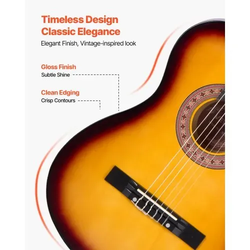 VEVOR Konzertgitarre, 960 mm, Holz-Klassikgitarren-Starter-Set für Anfänger, mit Nylonsaiten, Gigbag, Gurt, Stimmgerät, zusätzlicher Saite, Plektrum, Kapodaster, Linde, für Einsteiger, Sunburst – Bild 4
