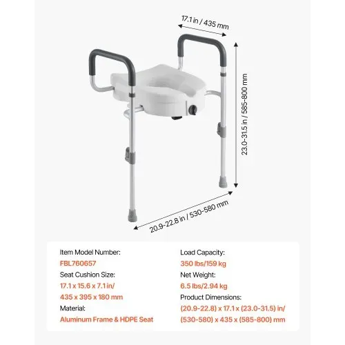 VEVOR Toilettensitzerhöhung Toilettenerhöhung mit Armlehnen & 159 kg Tragkraft & 127 mm Hubhöhe & Aluminiumrahmen, erhöhter Toilettensitz für ältere Menschen Senioren Behinderte Erwachsene – Bild 6
