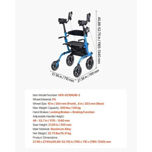 VEVOR Rollator Faltbar mit Sitz, Leichtgewicht Gehwagen mit 4 PU Reifen, Gehhilfe bis 136 kg mit Rückenlehne Tasche Gehstockhalter, Höheverstellbare Laufhilfe mit Feststellfunktion für Senioren, Blau – Bild 6