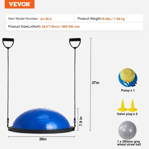 VEVOR Halb-Gymnastikball-Trainer, 66 cm Balance-Ball-Trainer, 680 kg Tragkraft Stabilitätsball, Yoga-Ball mit Widerstandsbändern und Fußpumpe, Kraft-Fitnessball im Heim-Fitnessstudio, Blau – Bild 6