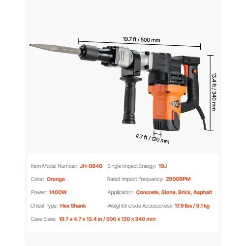 VEVOR Hochleistungs-Betonbrecher Abbruchhammer 1400 W, 19 J Schlagkraft Elektroabbruchhammer, Bohrhammer Betonhammer Stemmhammer 2900 BPM, inkl. Spitzmeißel, Flachmeißel, für Schiefer, Beton usw. – Bild 6