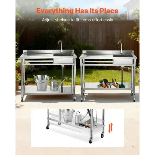 VEVOR Spültisch Spülbecken Edelstahl (1200 x 500 x 1055 mm), Einzelbecken mit Wasserhahn & Rädern, Küchenspüle für Garage Restaurant Wäscherei, Waschtisch Außenspüle mit Arbeitsplatte (links) – Bild 5