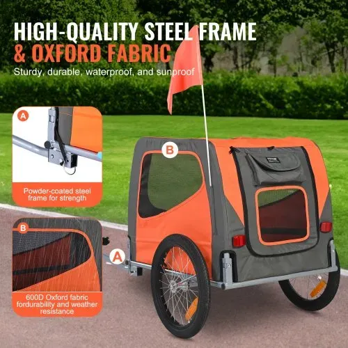VEVOR Hundeanhänger 30 kg Fahrradanhänger Kohlenstoffstahl + 600D Oxford-Gewebe + PP faltbar 1440 x 720 x 779 mm als Anhänger Gefaltete Größe 760 x 560 x 195 mm Orange&Grau – Bild 2